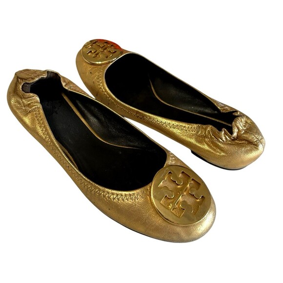Tory Burch Distressed Leather Reva Gold Ballet Flat Slip On Shoes Womens Sz 6.5 - Picture 4 of 16